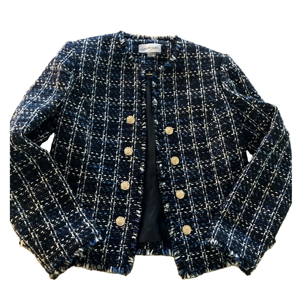 Calvin Klein tweed gold button blazer structured office jacket Blue Black 6